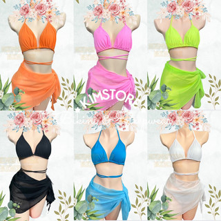 Bikini - Đồ bơi 3 mảnh phối khăn choàng cùng tông nhiều màu sang chảnh
