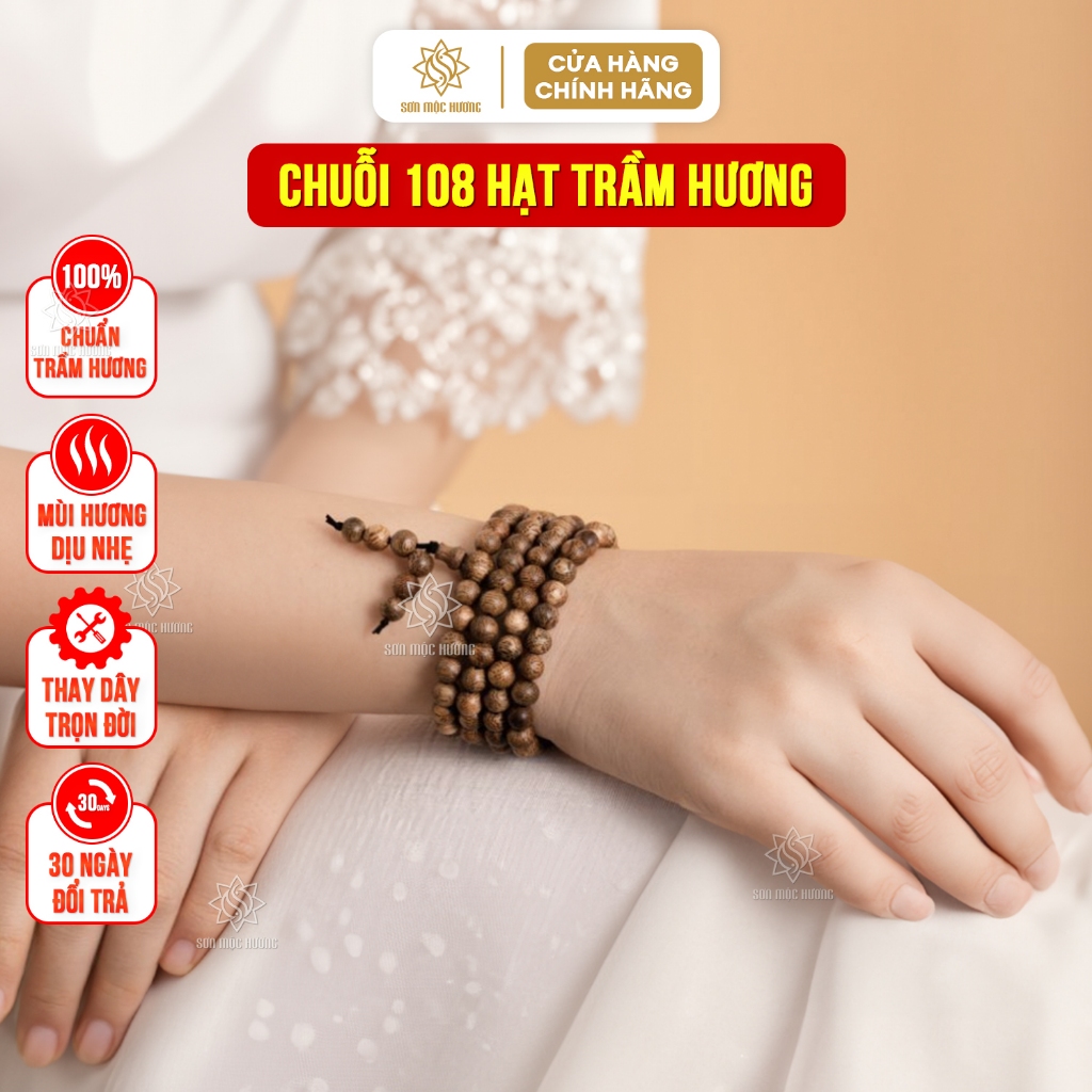 Vòng tay trầm hương chuỗi 108 hạt 6 7 8mm trầm tốc, an yên thịnh vượng tài lộc may mắn Sơn Mộc Hương