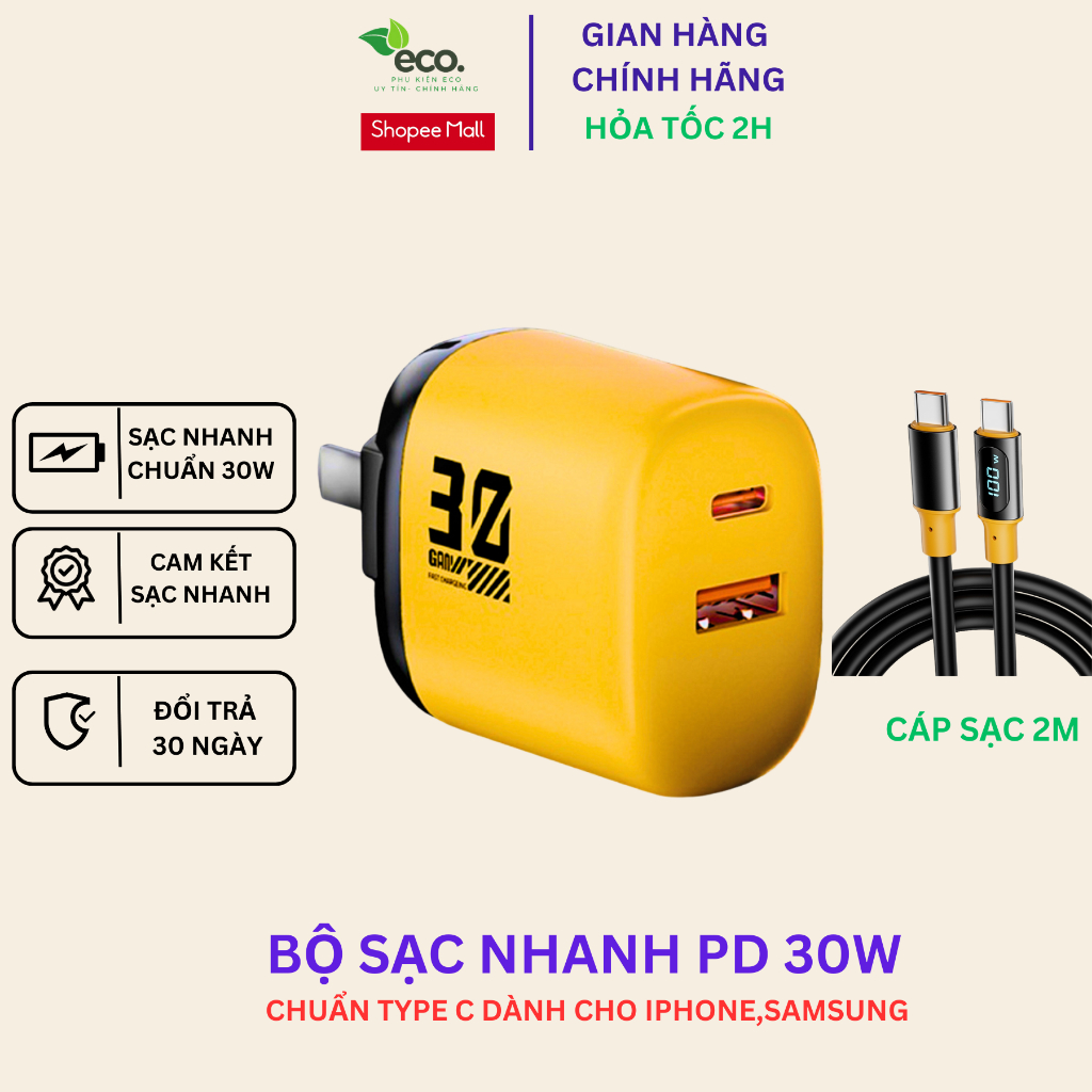 Củ sạc nhanh + PD30W 2 cổng cắm usb type-c dùng cho điện thoại iphone samsung oppo, PBC