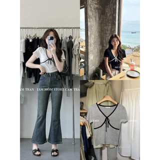 Áo thun nữ kiểu cổ v thắt nơ phối viền dáng vừa baby tee tay ngắn phong cách hàn quốc