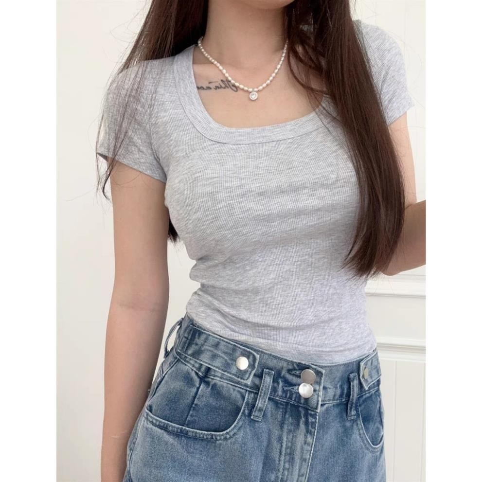 Áo thun nữ kiểu cup cổ vuông tay ngắn ôm body, áo kiểu nữ tôn dáng phong cách HQ chất tăm mềm mịn HA666 | BigBuy360 - bigbuy360.vn