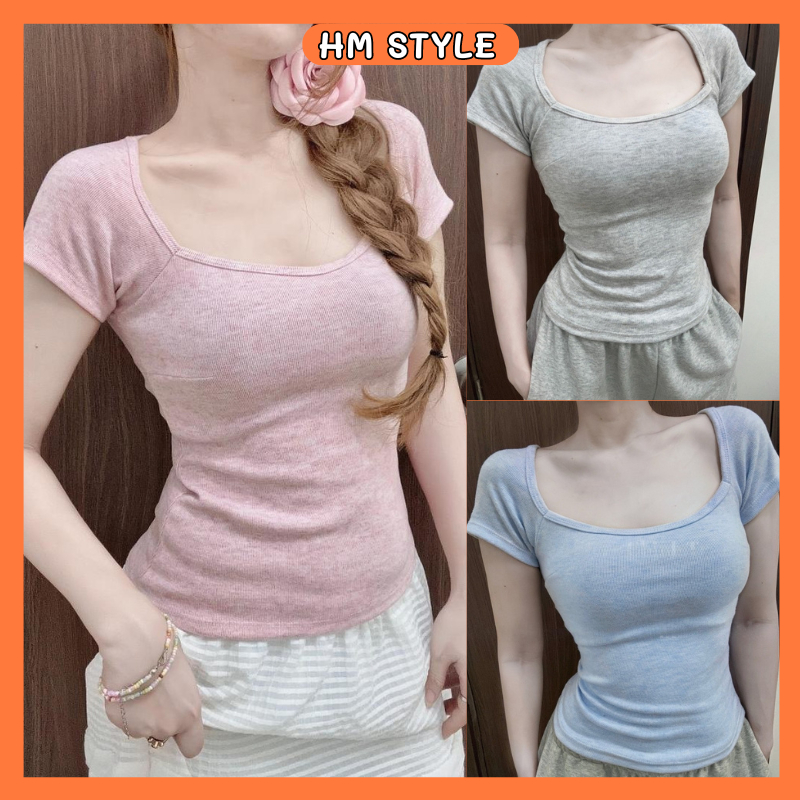Áo thun nữ kiểu cup cổ vuông tay ngắn ôm body, áo kiểu nữ tôn dáng phong cách HQ chất tăm mềm mịn HA666 | BigBuy360 - bigbuy360.vn