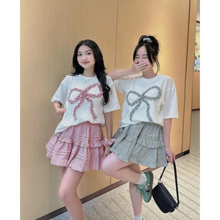 Set áo phông nơ bèo caro phối chân váy dễ thương