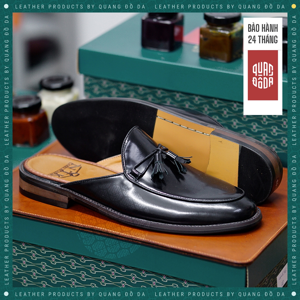 Giày Sục Nam Đế Gỗ Phíp Da Thật Màu Đen SP_04C, Bảo Hành 24 Tháng, Đế Khâu Chắc Chắn | Quang Đồ Da