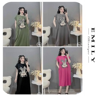 VÁY ĐẦM BẦU COTTON DÁNG SUÔNG IN HÌNH THỎ ĐÁNG YÊU MẶC ĐI LÀM ĐI CHƠI CÂN MỌI VÓC DÁNG FREESIZE V865