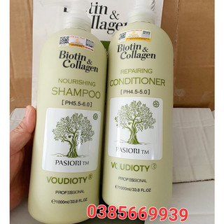 DẦU GỘI DẦU XẢ BIOTIN & COLLAGEN VOUDIOTY  PHỤC HỒI KIỀM DẦU  CẶP 1000ML - MẪU 2021 XANH LÁ