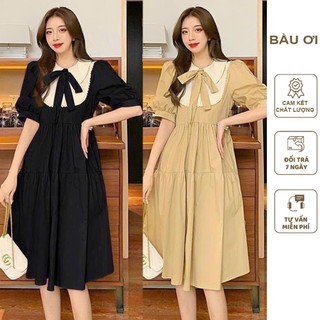 Đầm váy bầu công sở cổ sen phối nơ điệu đà phong cách tiểu thư sành điệu v874 - váy bầu xinh hàng thiết kế freesize