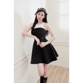 Đầm tuytsy đen phối cotton trắng, dáng xòe ngắn, ngực xếp ly bong, cổ yếm sát nách - Thiết kế Flane
