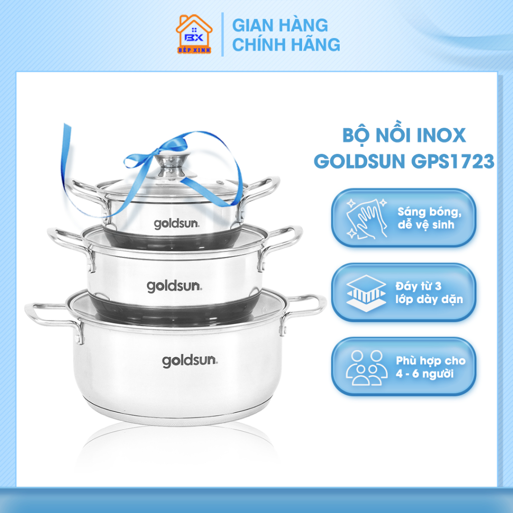 Bộ nồi inox Goldsun đáy 3 lớp tản nhiệt đều, dùng mọi loại bếp, bền đẹp - Đồ Gia Dụng Bếp Xinh