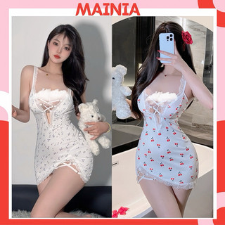 Váy Ngủ Hoa Nhí Xẻ Đùi Phối Khoen Tim Đính Đá Ngực Mainia Shop