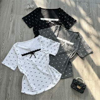 Áo Thun Gân Tăm Tay Ngắn Bigsize Nữ Cổ Vuông Dáng Ôm Body Viền Ren Thời Trang Cá Tính Đính Nơ Ngực Xinh Xắn  G173