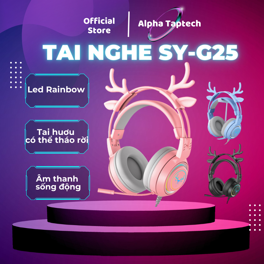 Tai nghe có dây SY-G25 tai huơu, Led Rainbow, trọng lượng nhẹ, kết nối cổng 3.5mm + USB, âm thanh sống động
