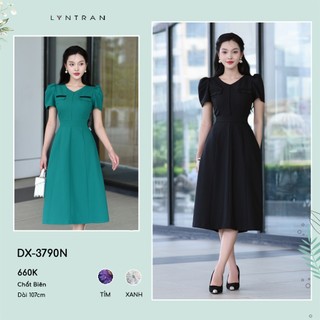 Váy công sở dáng xòe tối giản đầm midi dáng A cổ V tay bồng LYNTRAN DX-3790N