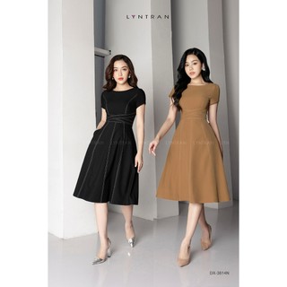 Đầm công sở dáng xòe phối chỉ nổi váy midi dạo phố cổ tròn ngắn tay sang trọng LYNTRAN DX-3814N