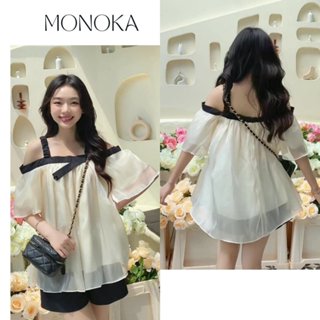 Set đồ nữ babydoll áo 2 dây tiểu thư voan 2 lớp + quần đùi sooc đen ngắn chất tafta Bộ đồ trễ vai form rộng T164G MONOKA