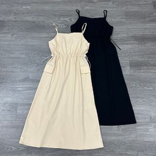 Đầm JJ Dây Suông Rút Bên Eo Chất Dù Giãn Pha Linen