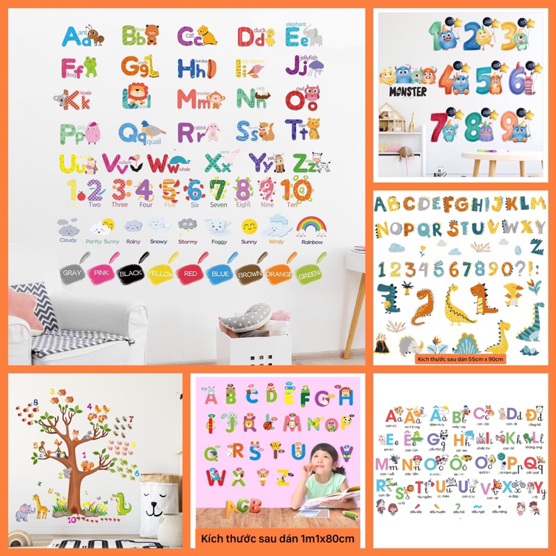 Decal dán tường trang trí phòng cho bé số, bảng chữ cái