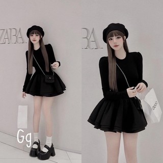Đầm váy nữ gân tăm dài tay ôm body xòe tone màu phối đen trơn siêu xinh dành cho các nàng diện đi chơi, dự tiệc