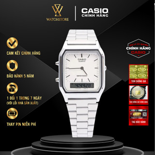 Đồng Hồ Unisex Casio AQ-230A-7DMQ Mặt Kính Nhựa Màu Trắng 38.8mm Chống Nước Dây Kim Loại Thép Không Gỉ Chính Hãng