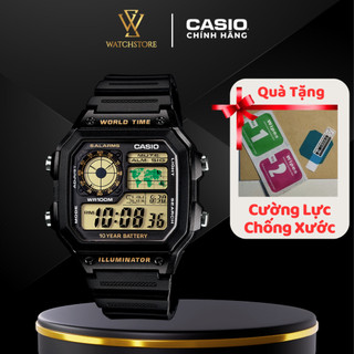 Đồng Hồ Điện Tử Nam Casio AE-1200WH-1BVDF Màu Đen Mặt Kính Nhựa 42.1mm Chống Nước Dây Nhựa Đèn LED Báo Thức Chính Hãng