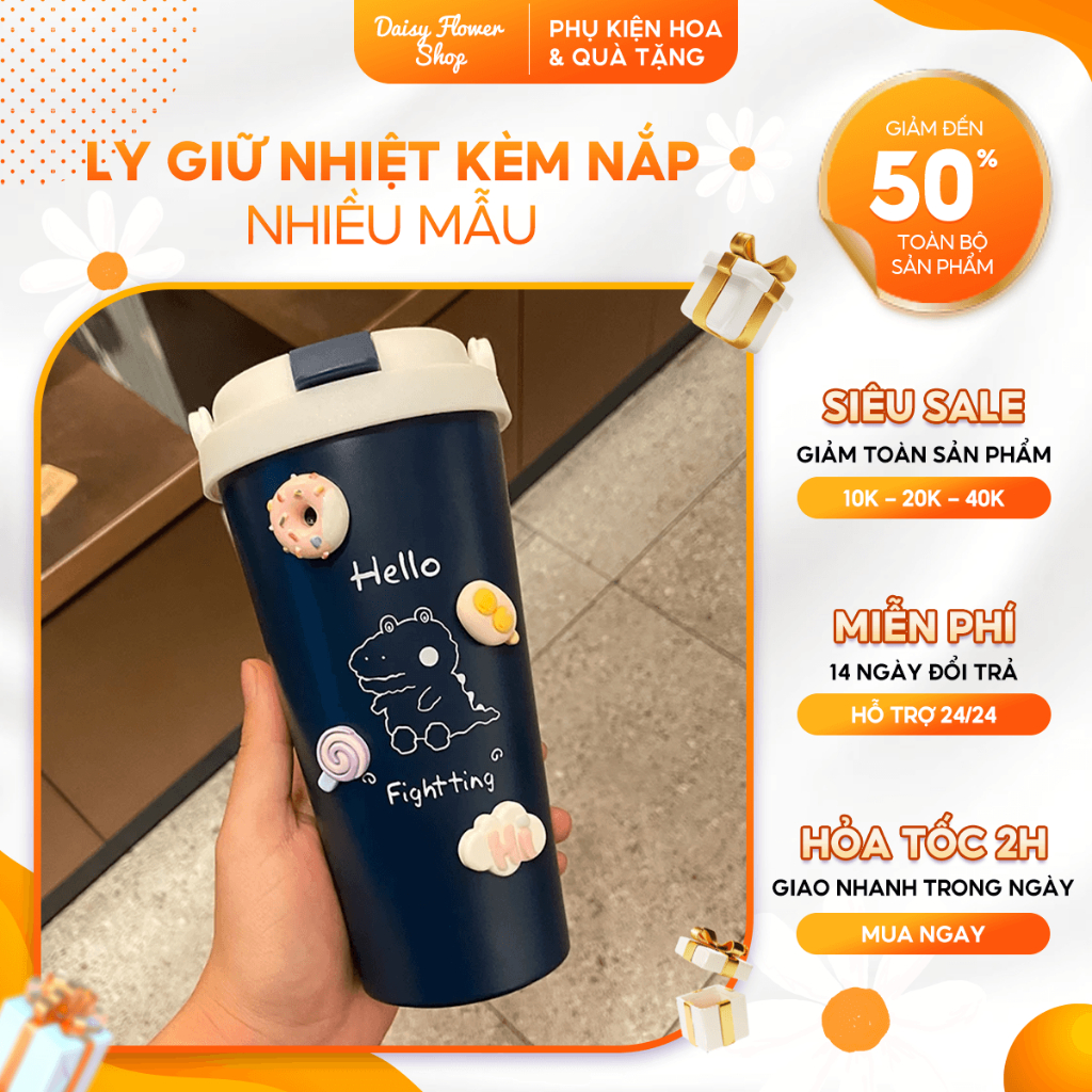 [Tặng kèm Sticker] Ly Giữ Nhiệt, Cốc Giữ Nhiệt Cute Có Ống Hút, Ly Đựng Nước Cầm Tay Dễ Thương
