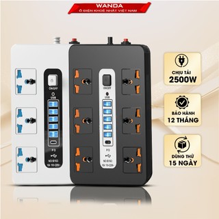 Ổ điện đa năng chính hãng WANDA 5 cổng USB 15v sạc nhanh, 1 type c, chống cháy, ổ chịu tải 2500W , nhựa pp