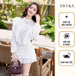 VIVIKA - Áo bèo tay dài form V + Chân váy ren lỗ xếp tầng - VKAO00511 VKCV00333