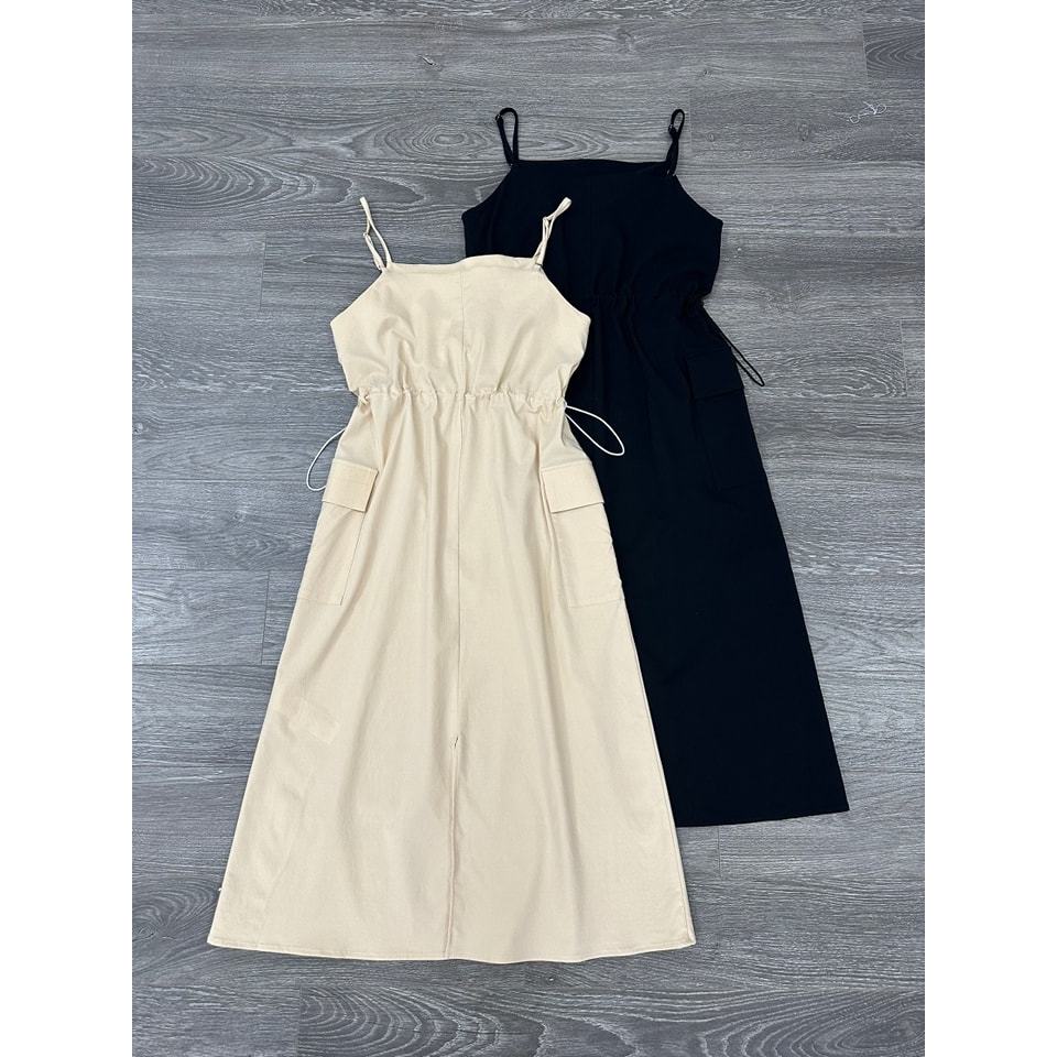 Đầm JJ Dây Suông Rút Bên Eo Chất Dù Giãn Pha Linen