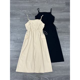 Đầm jaju dây suông rút bên eo chất dù giãn pha linen