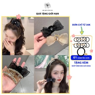 Kẹp tóc nơ nhỏ hai mặt đính đá ngọc trai nhân tạo, kẹp mái đính nơ phong cách thanh lịch, hàn quốc