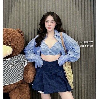 Set 3 món chân váy jean phối áo sơ mi khoác kèm bra cá tính 1706