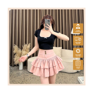 Áo thun nữ ngắn tay A42, áo thun croptop cổ vuông viền ren phối nơ, chất vải thun co giãn tốt