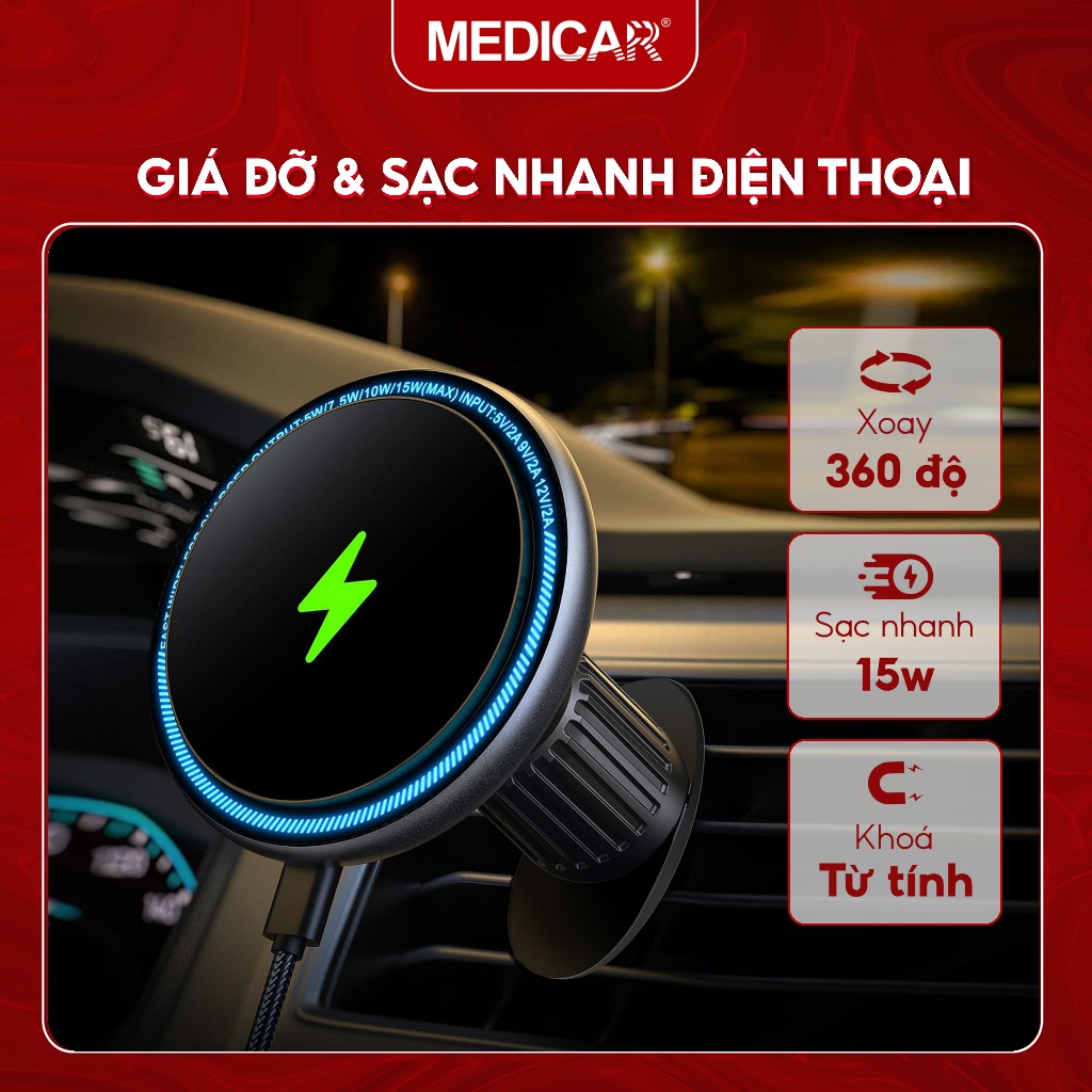 Giá đỡ từ tính kiêm sạc nhanh không dây ô tô 15W Medicar V3, kẹp điện thoại xe hơi 2 trong 1