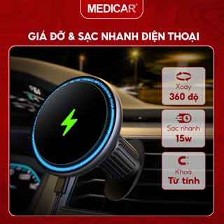 Giá đỡ từ tính kiêm sạc nhanh không dây ô tô 15W Medicar V3, kẹp điện thoại xe hơi 2 trong 1
