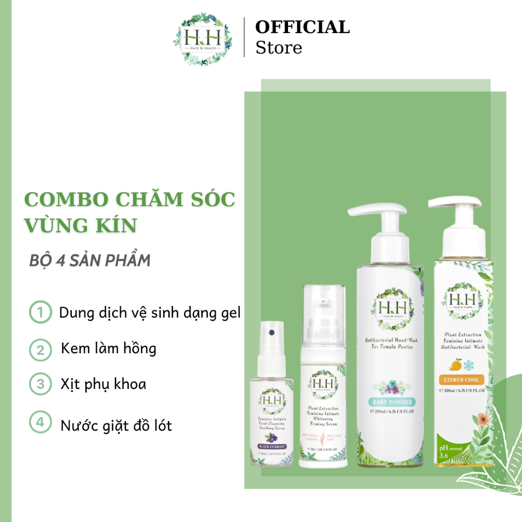 COMBO 4 SẢN PHẨM HH Dung dịch vệ sinh phụ nữ + xịt phụ khoa + kem dưỡng trắng + nước giặt nội y