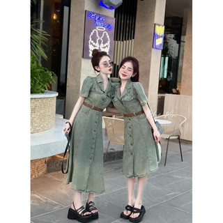 Đầm jean bò dáng dài cài cúc kèm đai nâu !
