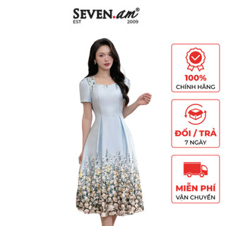 Đầm xòe tay cộc xanh gấu hoa trắng cổ vuông xếp ly Seven.AM H633496K