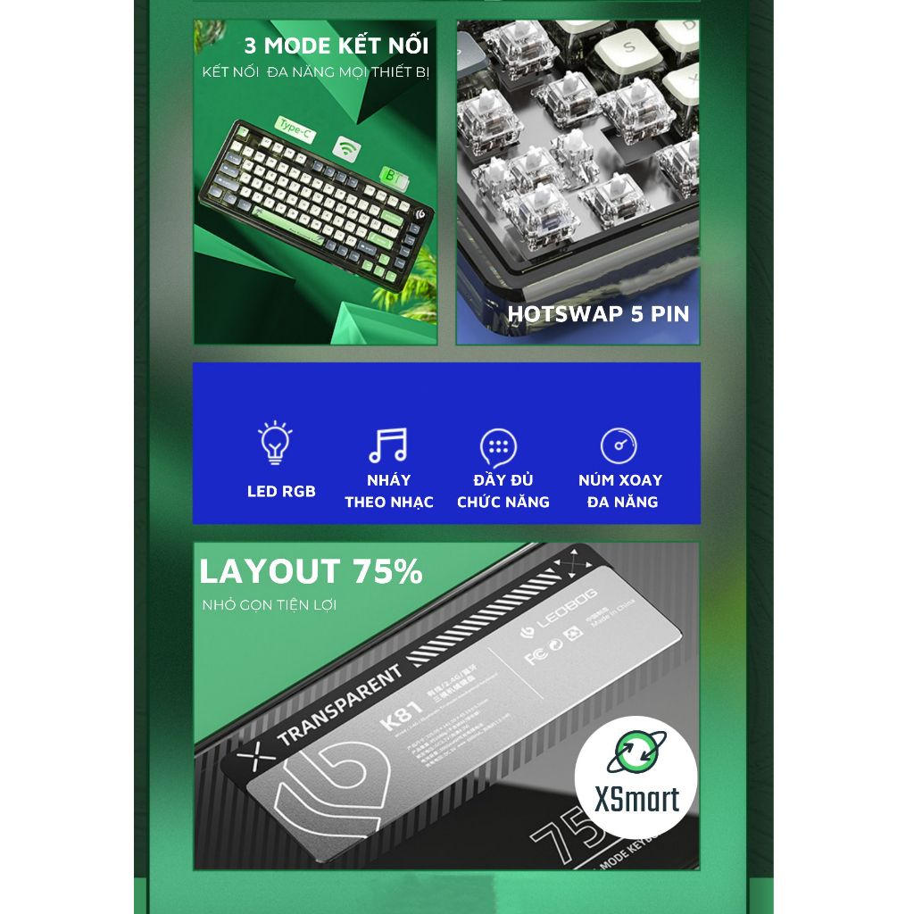 Bàn Phím Cơ Không Dây Bluetooth LEOBOG K81BT 3 Mode LED RGB Hotswap 5 Pin Cấu Trúc Gasket Lót Foam | BigBuy360 - bigbuy360.vn