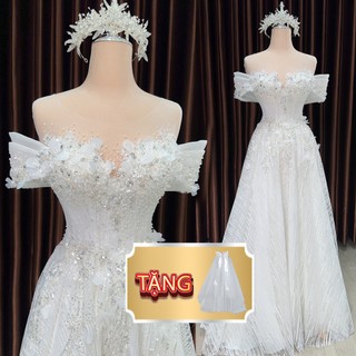 Váy cưới suông BOHO kiểu maxi dòng luxury cho cô dâu đi bàn chất liệu kim tuyến mịn nhẹ nhàng mã 176