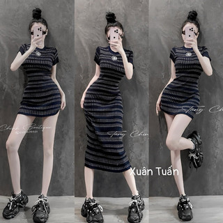 Đầm Dệt Kim Dáng Ôm Họa Tiết Kẻ Sọc Phong Cách Pháp Thời Trang Mùa Hè Xinh Xắn Cho Nữ