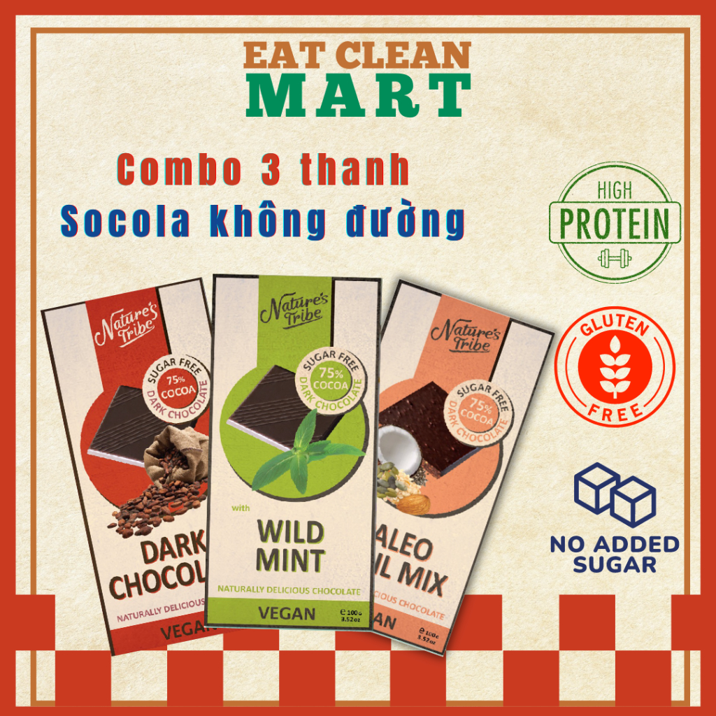 [Combo 3 Thanh Mix Vị] Socola Không Đường Thuần Chay 75% Cacao Nature's Tribe