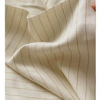 Vải linen bột mềm kẻ sọc vàng nền trắng kem, khổ 1m4