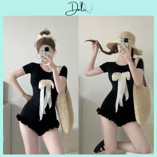 Set Bikini Liền Thân Cộc Tay Phối Viền Bèo Nơ Nguc Dáng Ôm Body Chất Liệu Thun Co Dãn