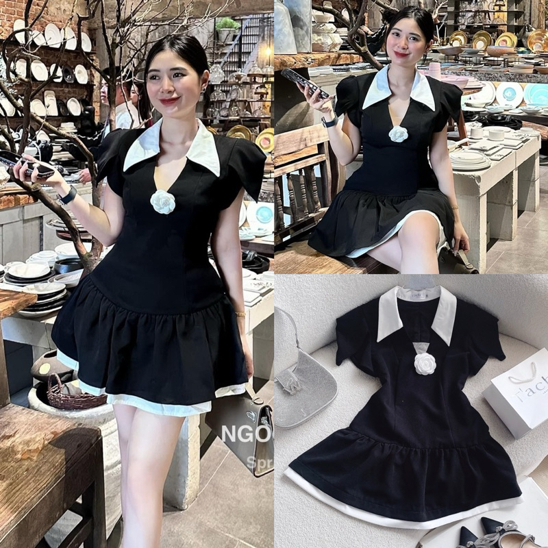 ĐẦM XỐP NỔI PHỐI TAY ĐEN