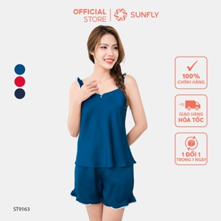 Đồ bộ mặc nhà nữ SUNFLY chất lụa satin màu áo dây quần sooc ST9163