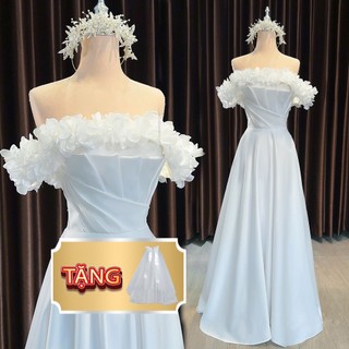   Tặng voan  Váy cưới MAXI cúp ngưc và trễ vai kiểu suông đi bàn chất liệu phi nhật nhẹ nhàng MÃ 207 