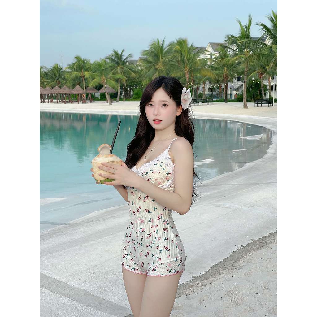 Bodysuit hoa nhí đi biển  phối ren nữ 1 lớp mỏng, Set áo liền quần ôm sát sexy quyến rũ cho nữ không đệm mút - Mã M08 | BigBuy360 - bigbuy360.vn