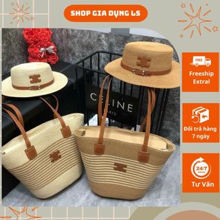 Set mũ và túi cói đi biển siêu xinh chất liệu cói phối da phong cách sang trọng