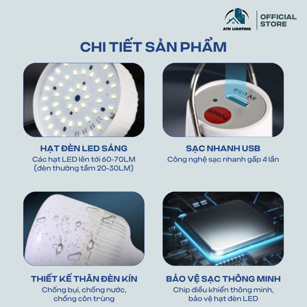 Đèn Tích Điện ATH LIGHTING 3 Chế Độ Sáng Siêu Tiết Kiệm Điện Nhỏ Gọn Tiện Lợi Dễ Dàng Mang Theo Cắm Trại, Dã Ngoại | BigBuy360 - bigbuy360.vn