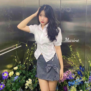 MARINE Set áo sơ mi croptop rút eo kèm quần giả váy phối nơ phong cách Loli Hàn Quốc [ST05]